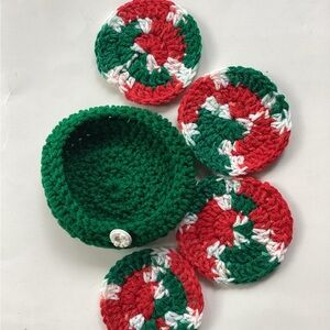 Handmade Coaster Set Holder Holiday Red White Green Crochet Christmas